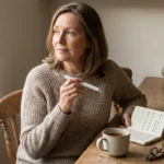 Patient with a tirzepatide injector pen reviewing her nerve symptom notes at the kitchen table.