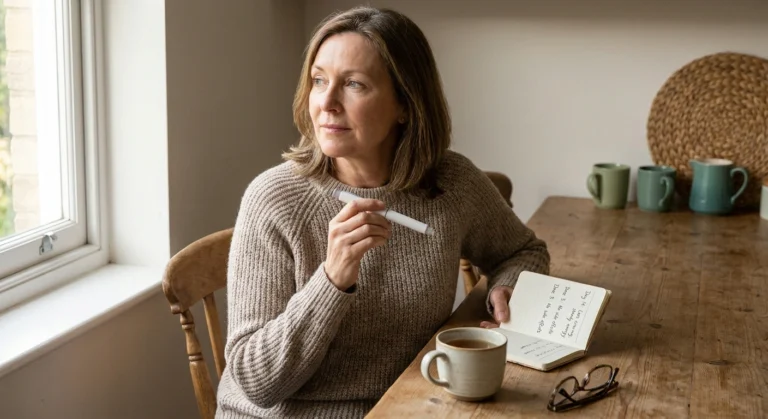Patient with a tirzepatide injector pen reviewing her nerve symptom notes at the kitchen table.