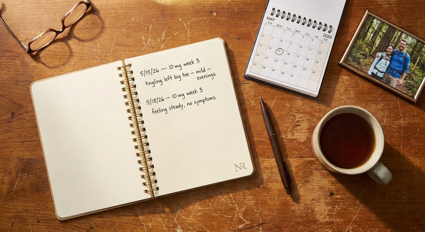 Patient's handwritten symptom journal tracking tirzepatide doses and nerve symptoms over time.