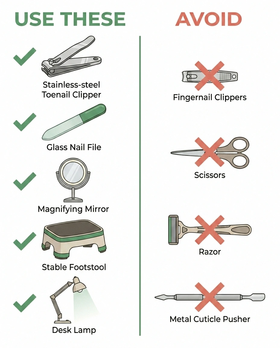 Comparison infographic showing the right tools versus risky tools for neuropathy toenail trimming
