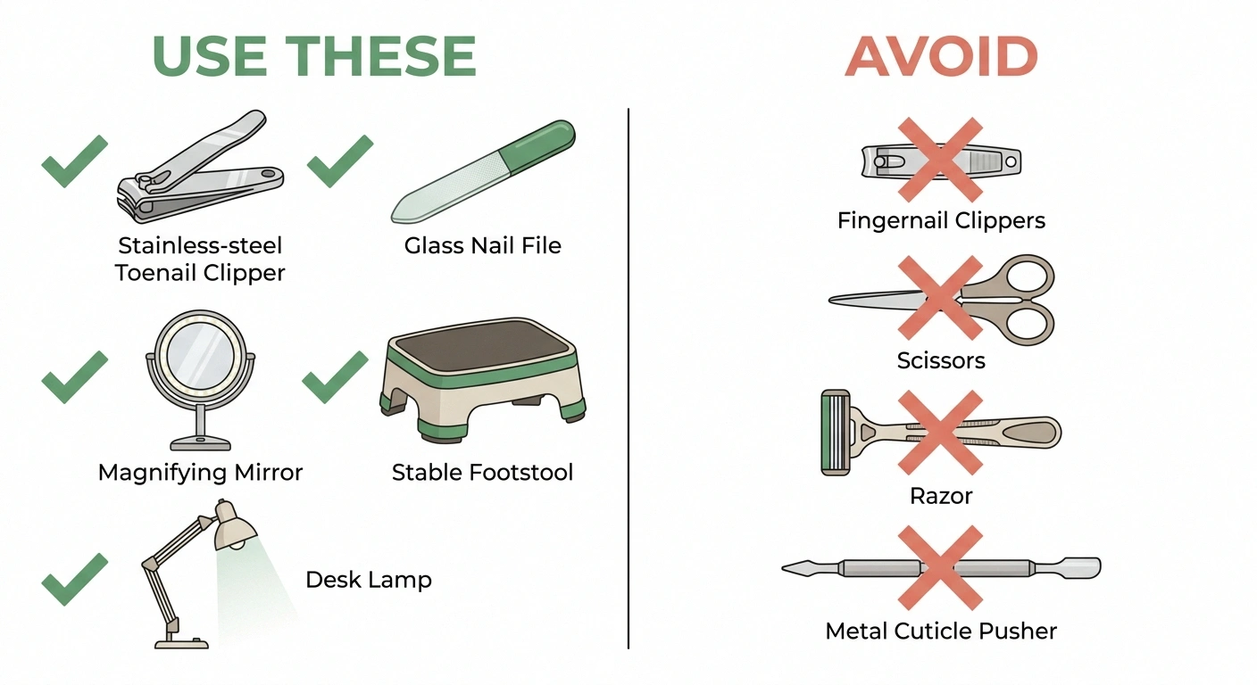 Comparison infographic showing the right tools versus risky tools for neuropathy toenail trimming
