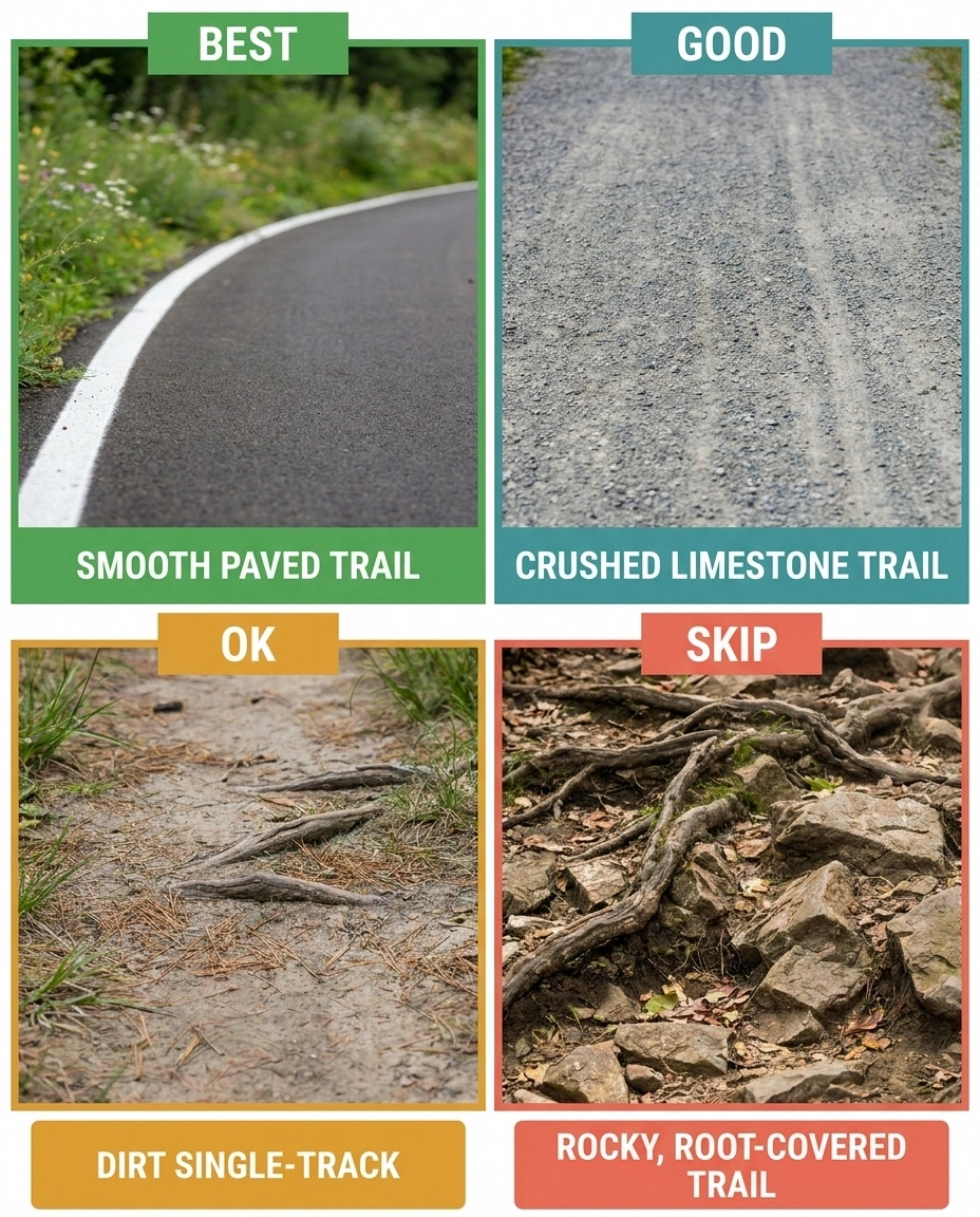 Four-panel comparison showing paved, crushed limestone, smooth single-track, and rocky trail surfaces ranked by neuropathy-friendliness.