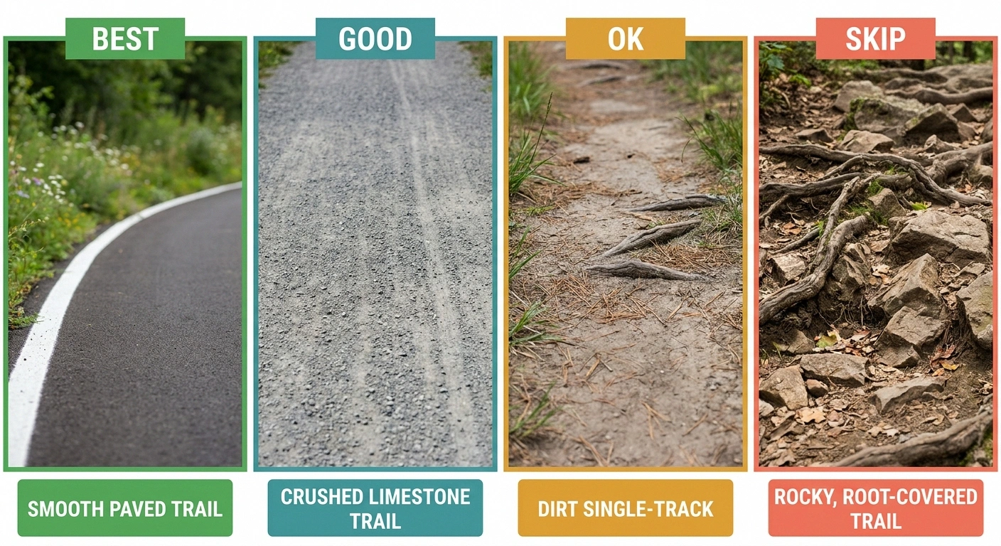 Four-panel comparison showing paved, crushed limestone, smooth single-track, and rocky trail surfaces ranked by neuropathy-friendliness.