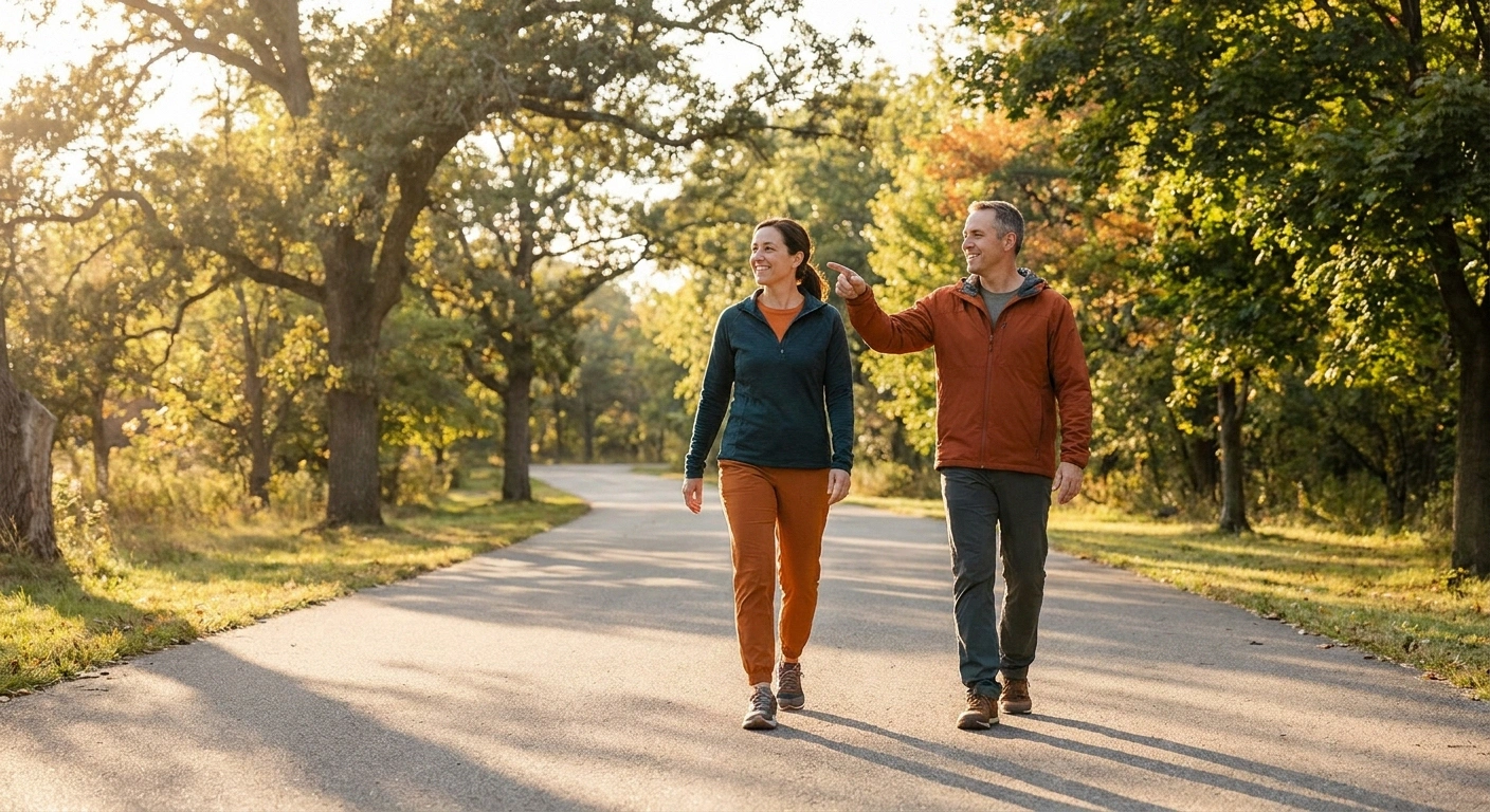 Two adults walking side by side on a wide paved trail through woods in late afternoon golden light, talking as they go.