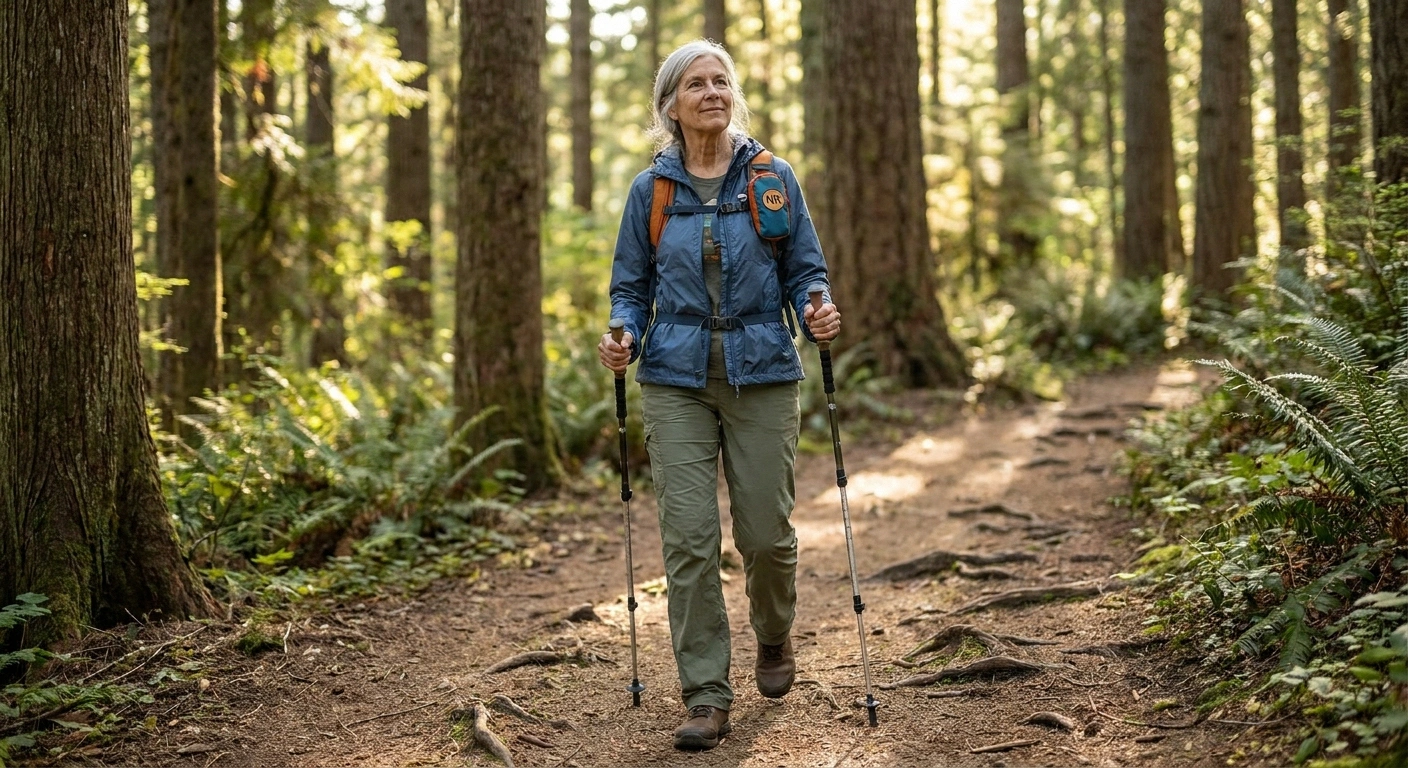 Older hiker walking a moderate forest trail using trekking poles closed-toe shoes and a small day pack showing how poles add balance on uneven terrain for someone with neuropathy.