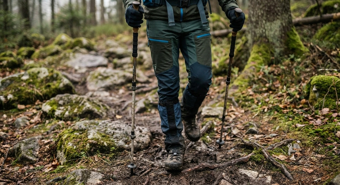 Hiker walking across an uneven forest trail section using two trekking poles for stability.