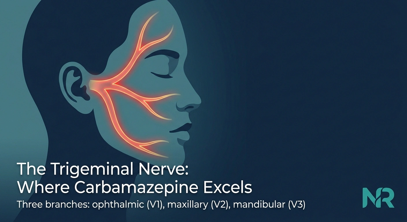 Side-profile anatomical illustration showing the three branches of the trigeminal nerve across the face