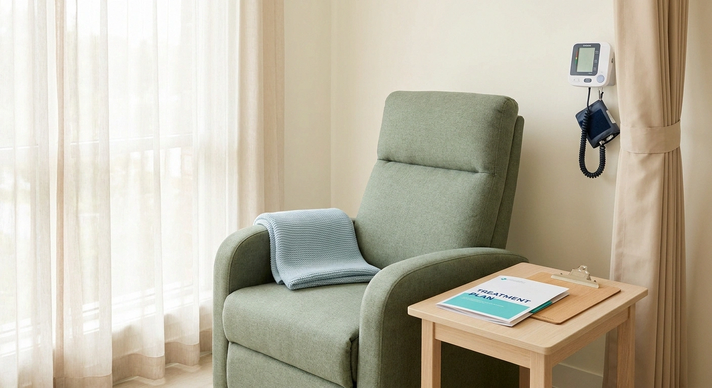 A calm dialysis-clinic corner with a comfortable chair, treatment folder, and clipboard — anchoring the team-based care approach to uremic neuropathy.
