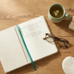 A patient journal, tea, appointment cards, and supportive slippers on a wooden table — anchoring the daily reality of dialysis-related neuropathy.
