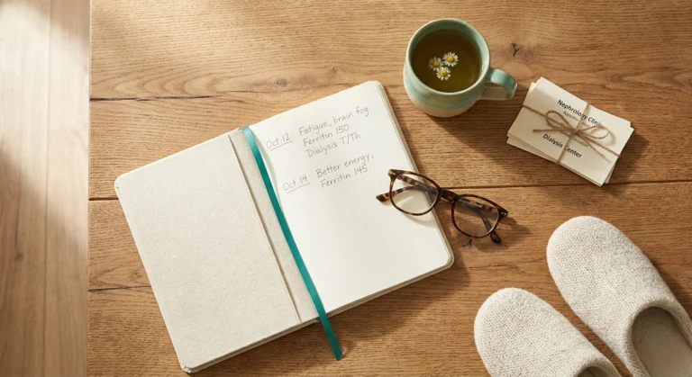 A patient journal, tea, appointment cards, and supportive slippers on a wooden table — anchoring the daily reality of dialysis-related neuropathy.