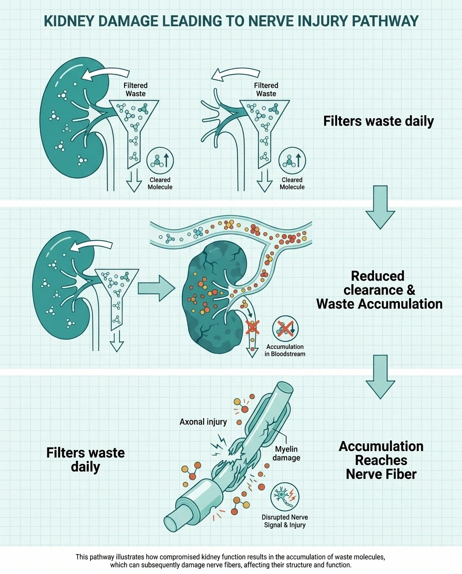 Infographic showing how kidney dysfunction allows waste molecules to accumulate and damage peripheral nerves.