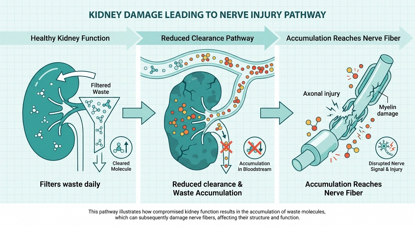 Infographic showing how kidney dysfunction allows waste molecules to accumulate and damage peripheral nerves.