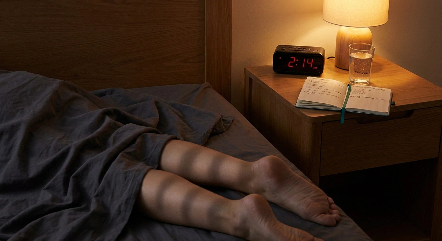 A dim bedside scene at 2 AM with bare feet outside the sheets and a symptom notebook — the nighttime reality of uremic neuropathy.