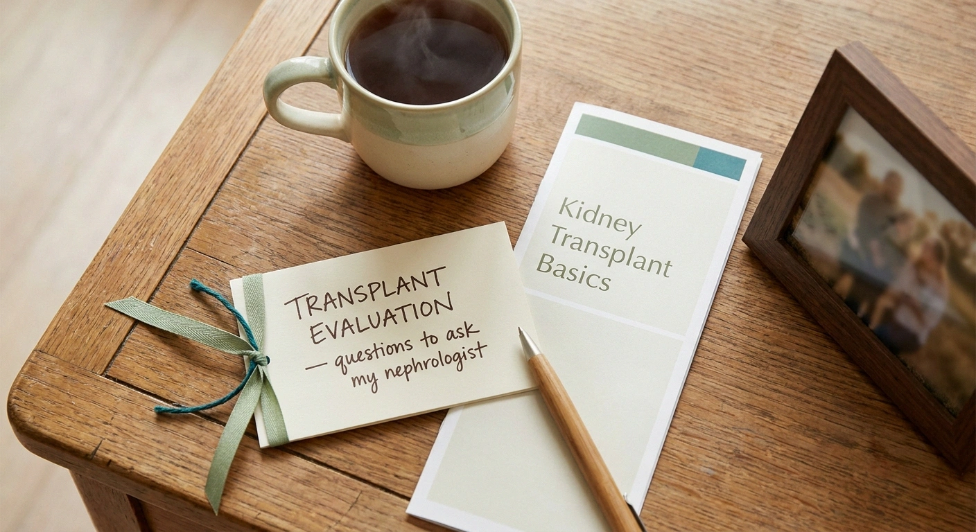 A handwritten transplant-evaluation question list beside a kidney-transplant brochure, tea, and a family photo — anchoring quiet hope.