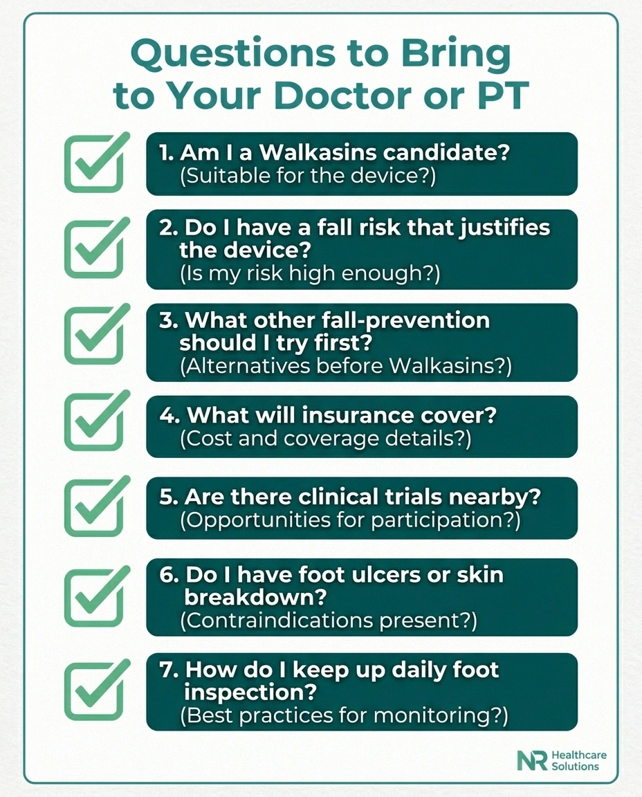 Checklist infographic of 7 questions to ask your doctor or physical therapist about vibrating insoles for neuropathy.