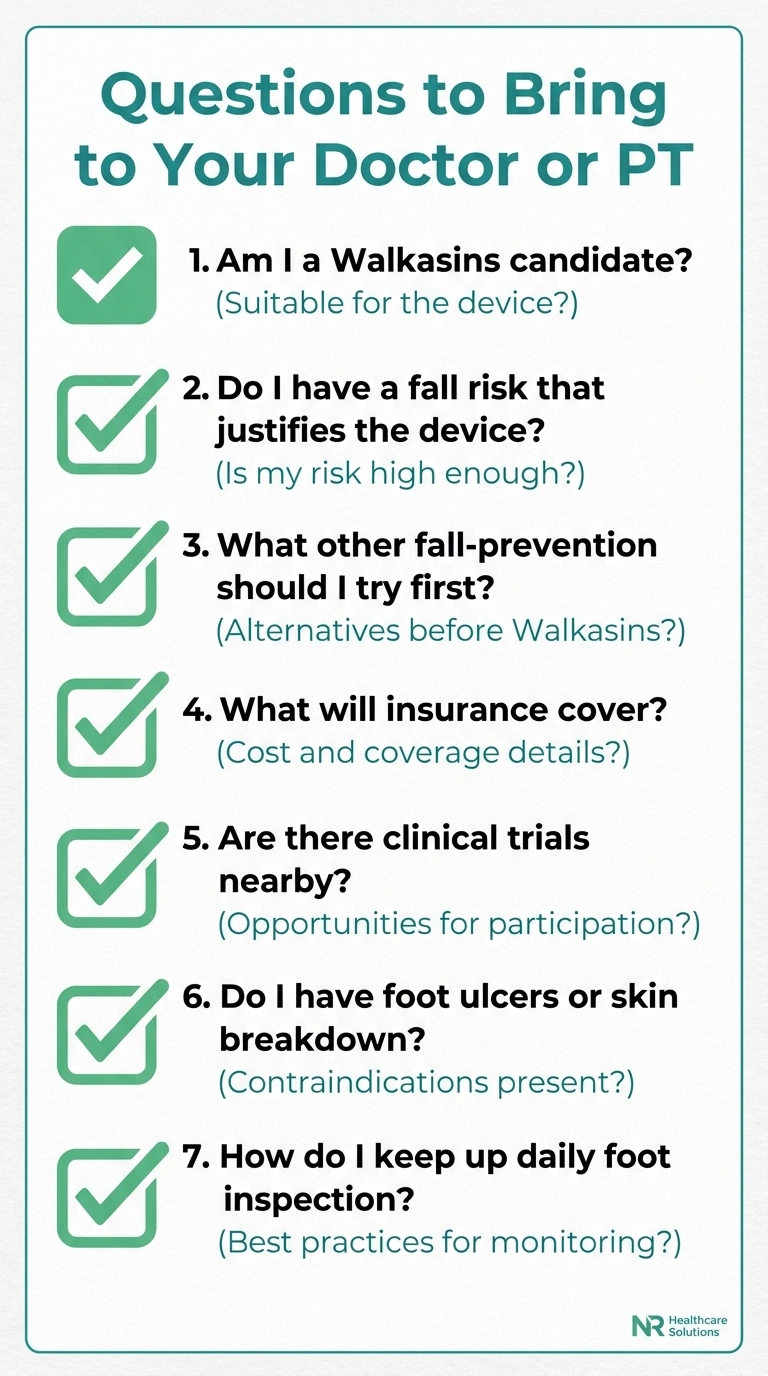 Checklist infographic of 7 questions to ask your doctor or physical therapist about vibrating insoles for neuropathy.