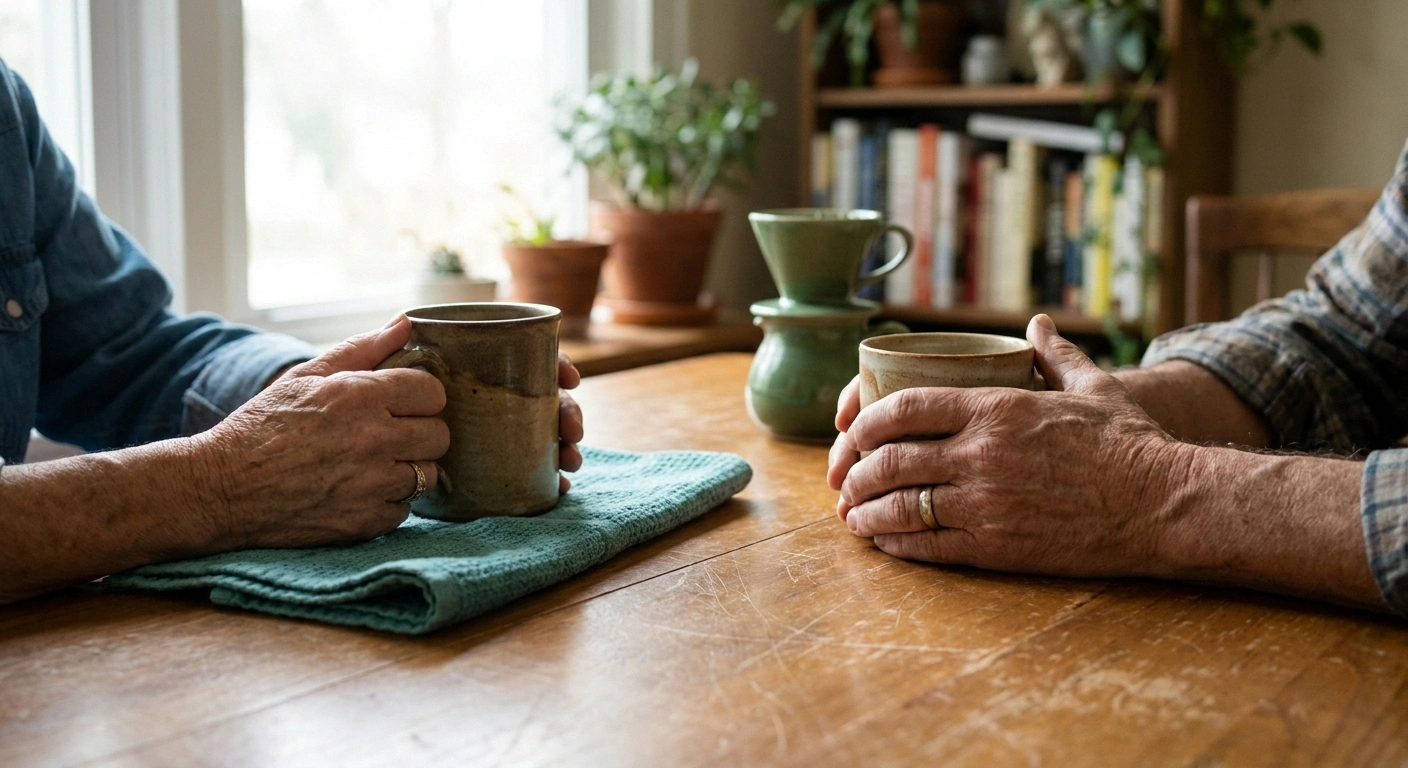 Two pairs of older-adult hands resting on a wooden table over coffee, suggesting a quiet honest conversation about neuropathy treatment options.