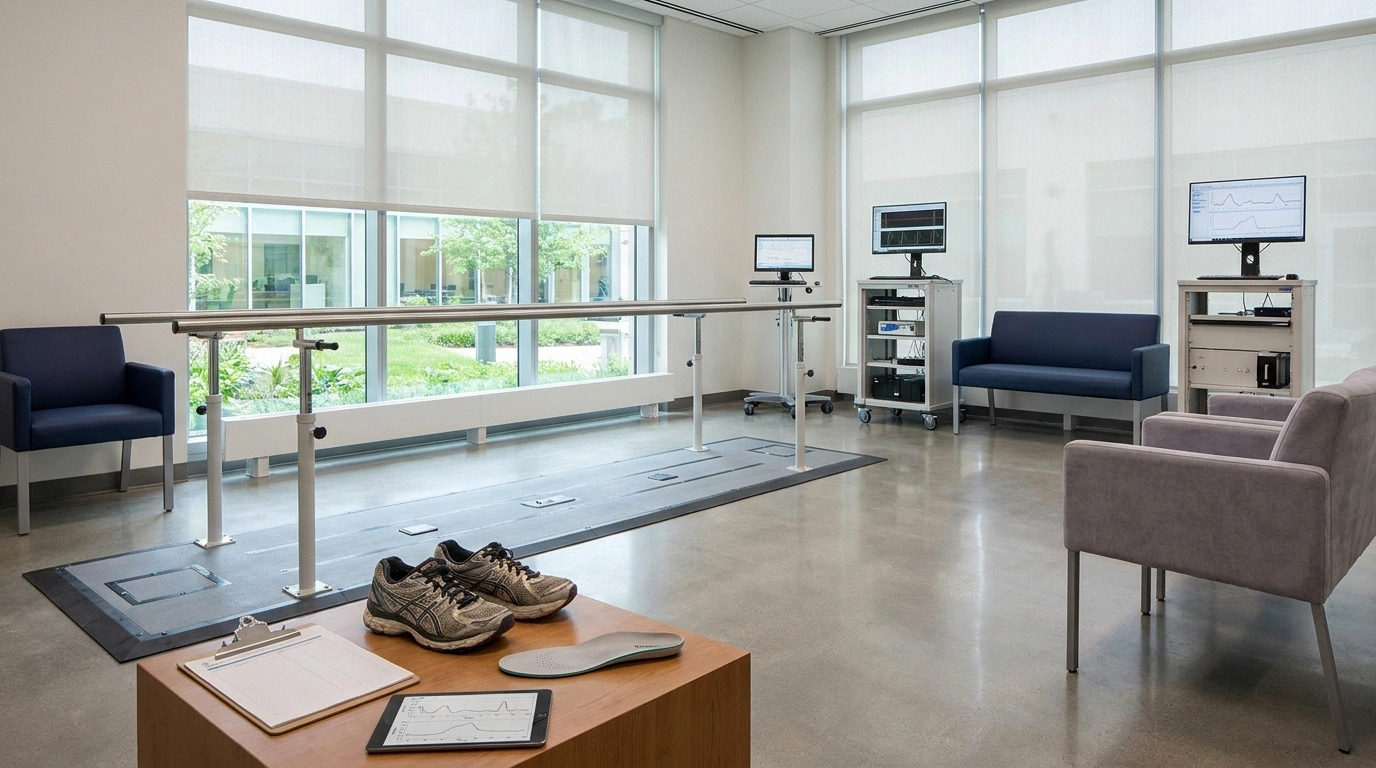 A physical therapy clinical research environment with a vibrating insole device beside walking shoes.