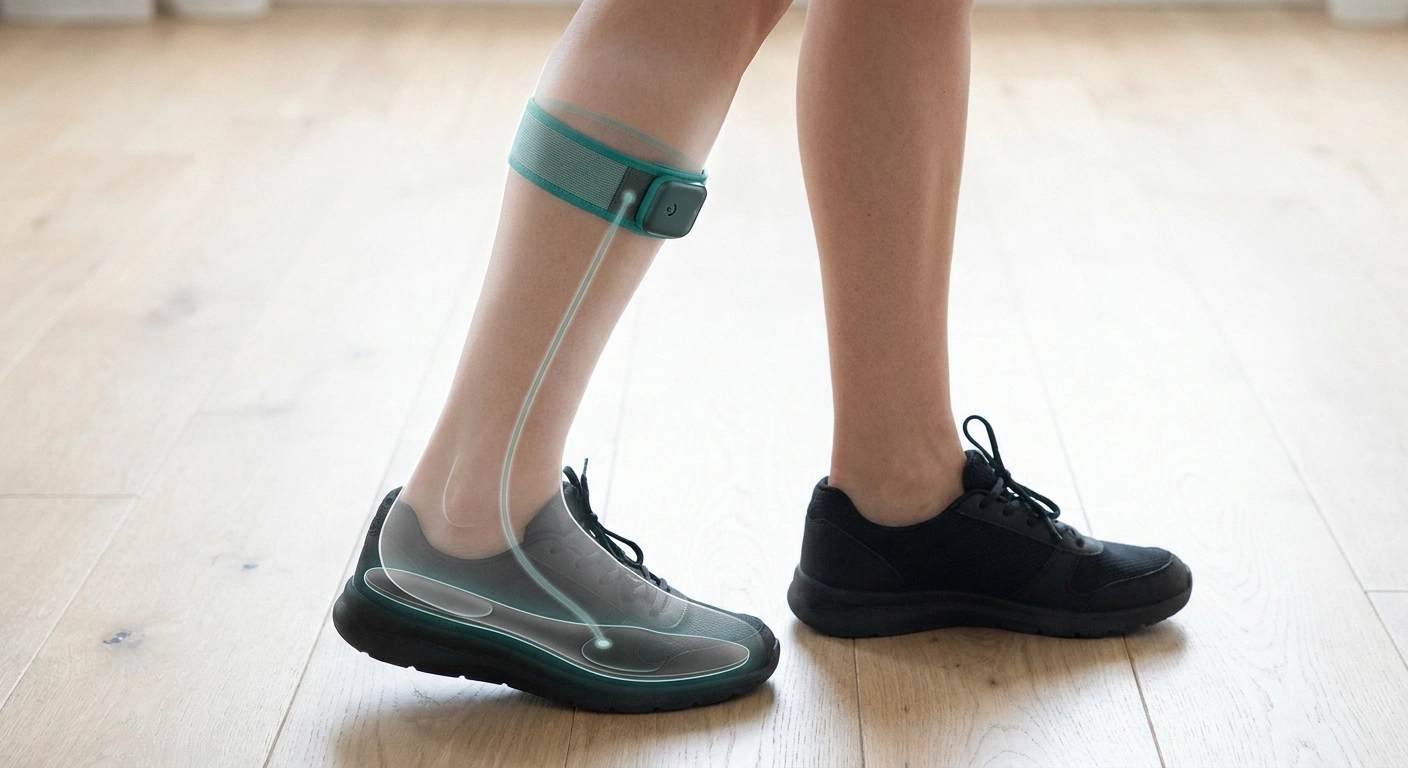 Editorial illustration of a sensory-prosthetic device concept — foot-pressure sensor in shoe and lower-leg feedback module above ankle.