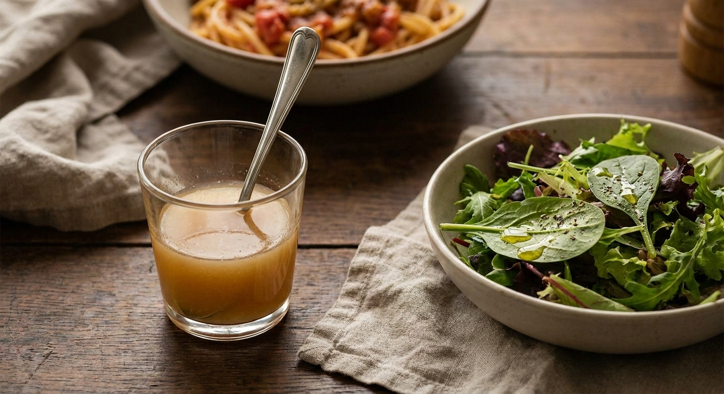 Glass of apple cider vinegar water and a green salad with olive oil dressing on a wooden kitchen table.