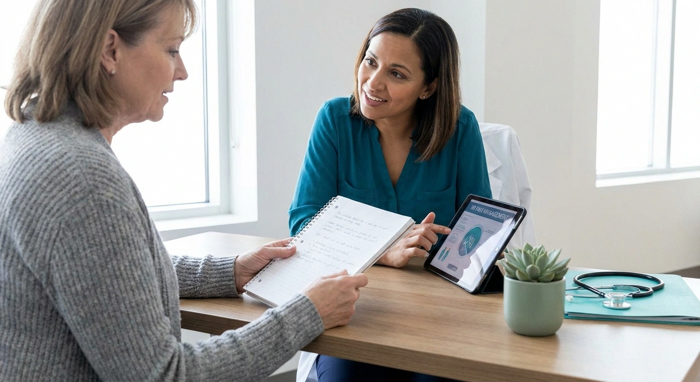 Patient discussing VR therapy options with her pain management doctor