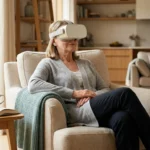 Older adult using virtual reality therapy headset at home for chronic nerve pain management