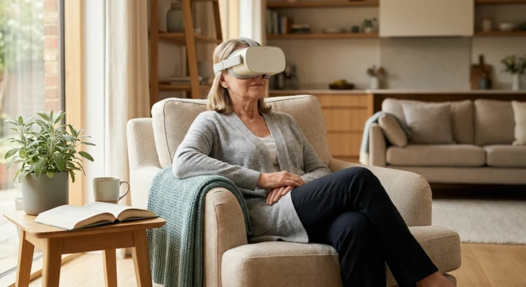 Older adult using virtual reality therapy headset at home for chronic nerve pain management