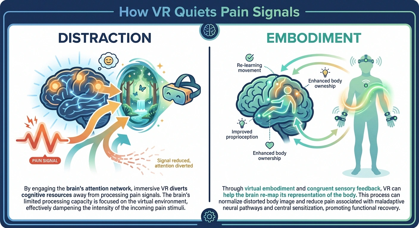 Diagram showing how virtual reality reduces pain through distraction and embodiment mechanisms