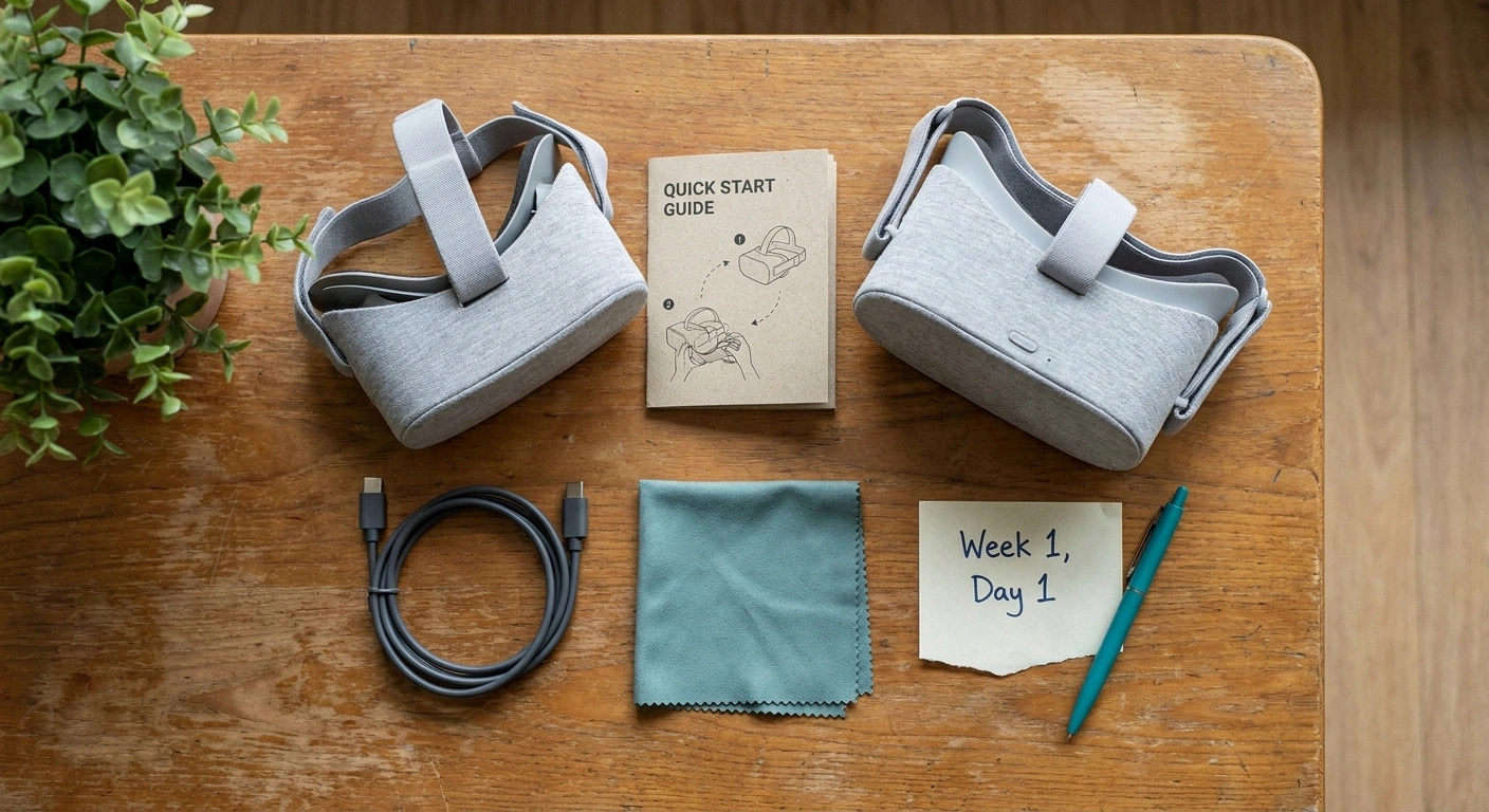 FDA-cleared VR pain therapy program unboxed at home with headset, guide, and accessories