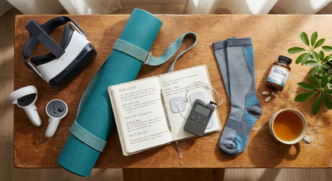 Multi-tool toolkit for nerve pain management including VR therapy, supplements, exercise, and symptom tracking