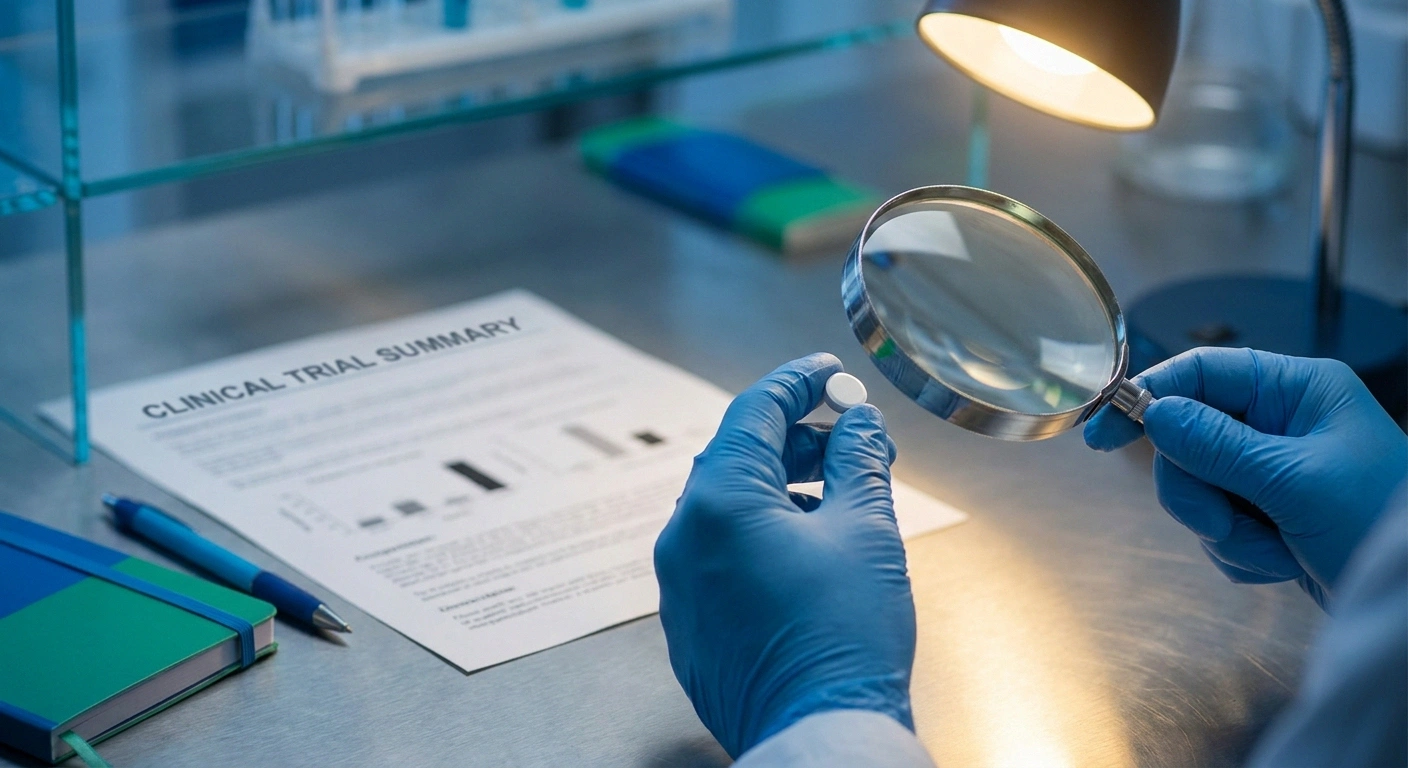 Researcher examining unlabeled investigational pill — VX-993 sodium channel blocker for diabetic neuropathy