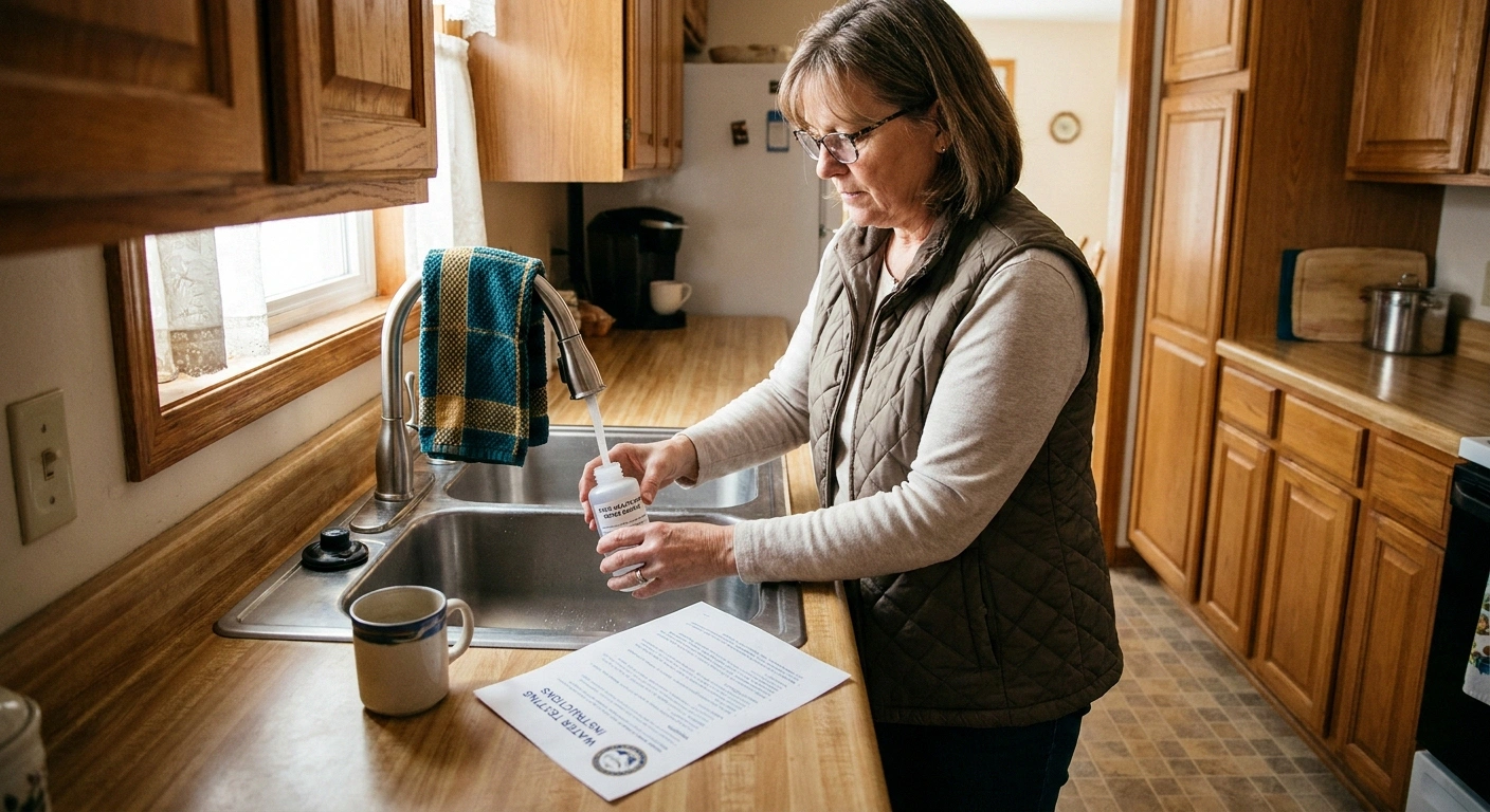 Older homeowner at a kitchen sink collecting tap water into a labeled water-testing collection bottle to screen for arsenic and lead contamination.