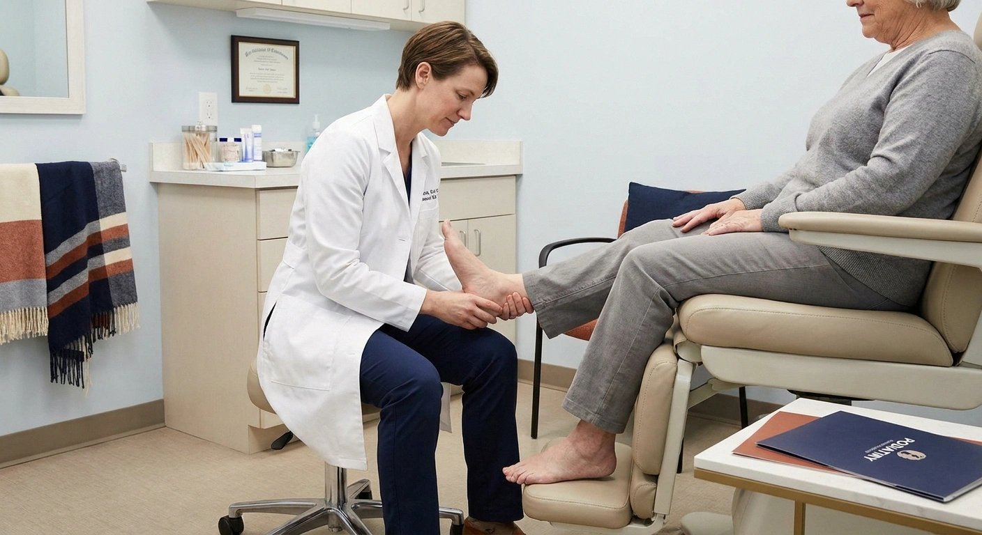 Podiatrist examining a patient's foot during a routine diabetic foot care visit covered by Medicare