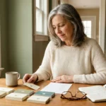 Woman at kitchen table reviewing specialist referral list deciding which doctor to see for neuropathy