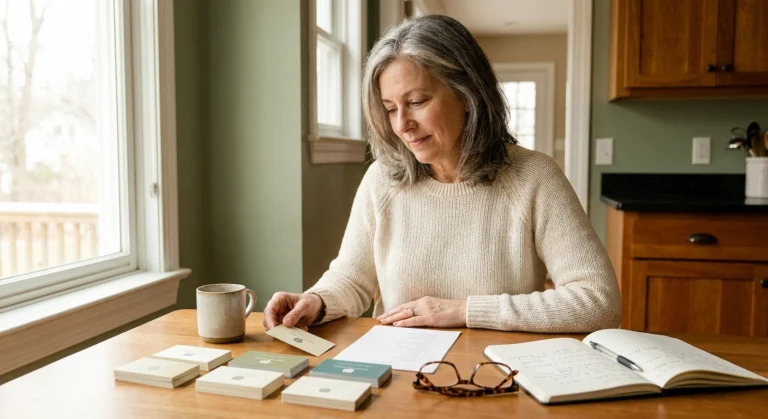 Woman at kitchen table reviewing specialist referral list deciding which doctor to see for neuropathy