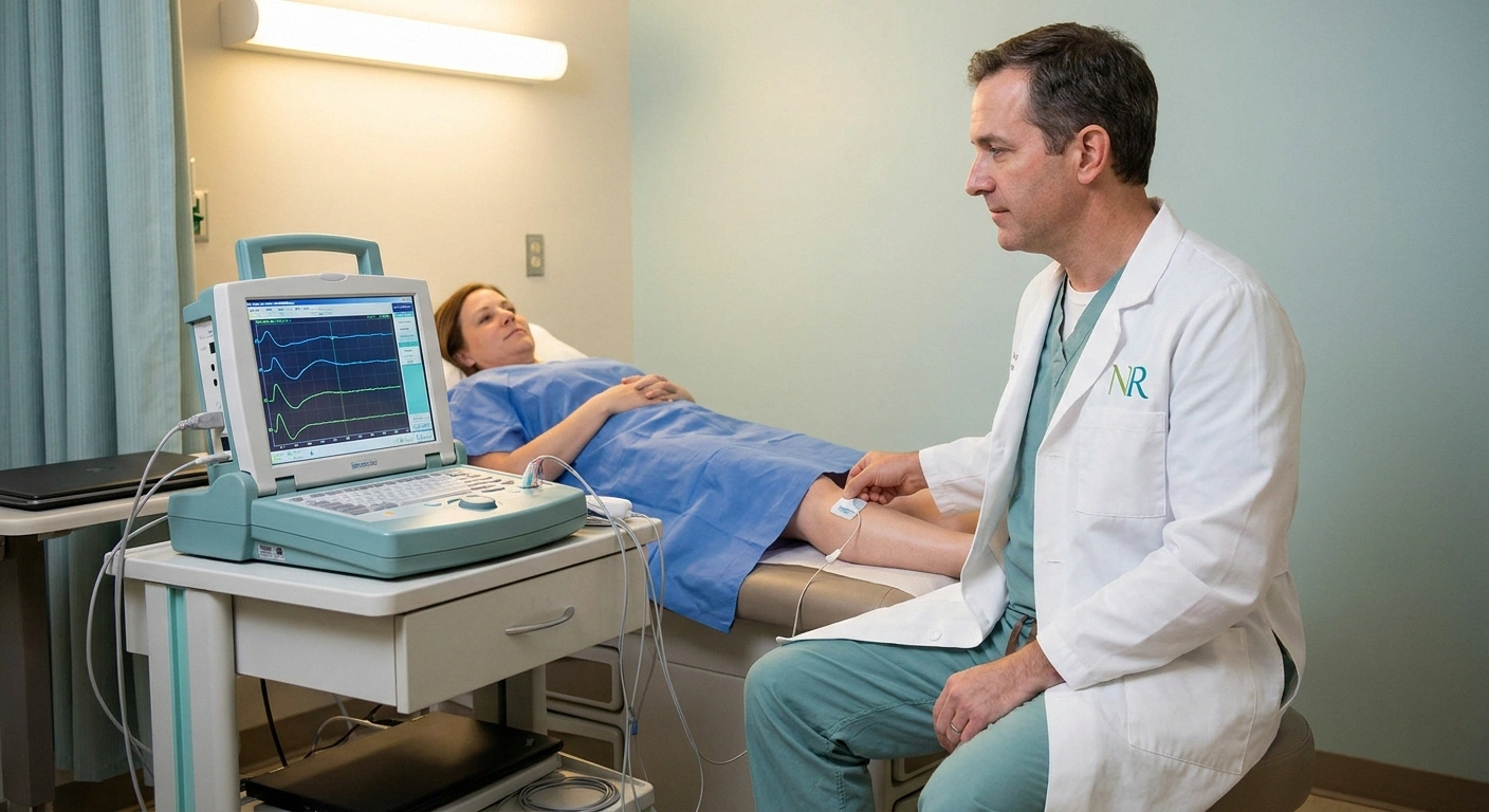Neurologist performing nerve conduction study on patient's leg to diagnose neuropathy