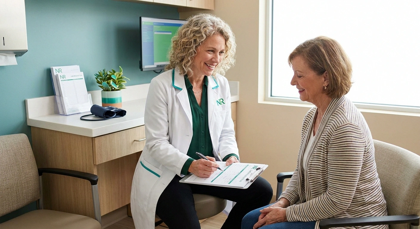 Primary care doctor reviewing blood work order with neuropathy patient in exam room