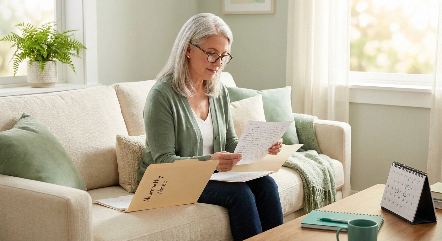 Neuropathy patient at home preparing one-page symptom summary for next specialist appointment