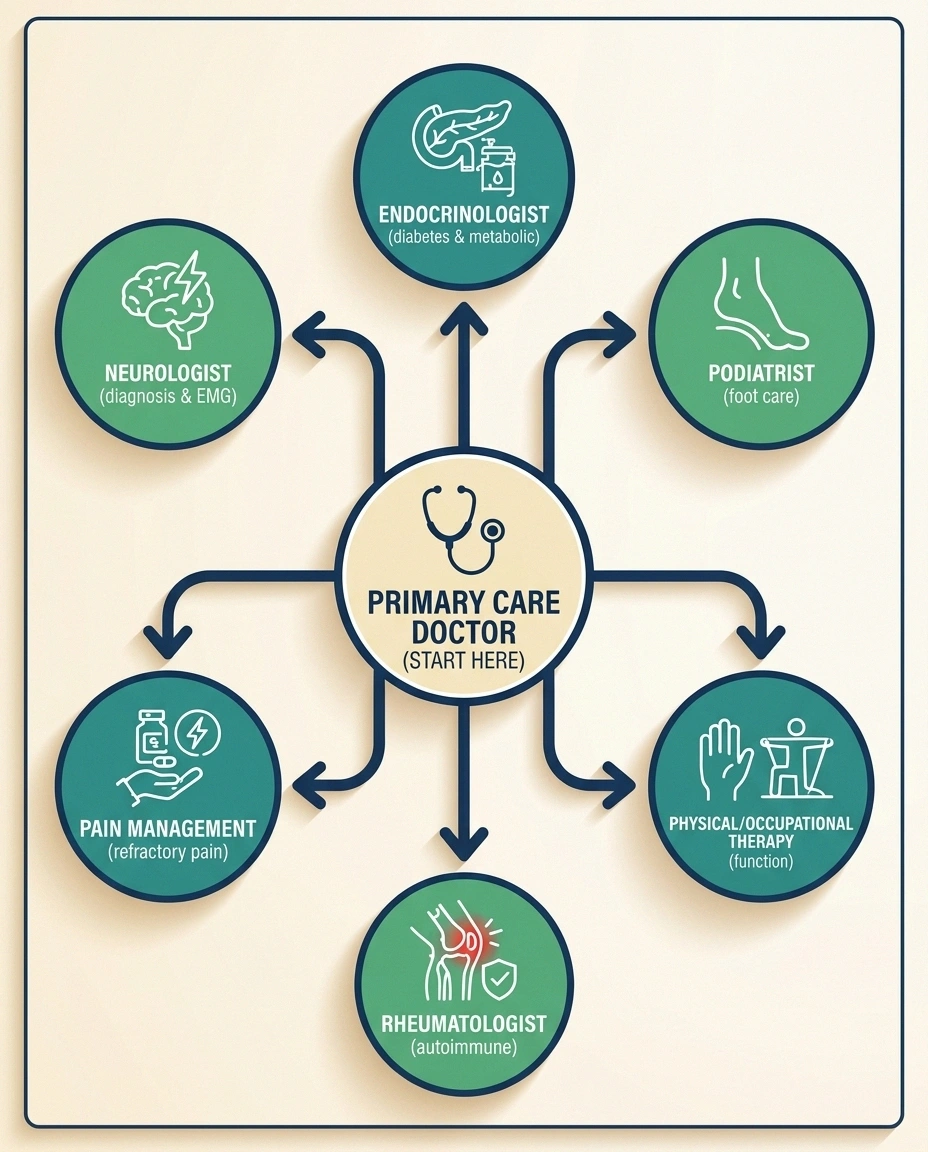 Neuropathy specialist decision tree showing routing from primary care to neurologist endocrinologist podiatrist