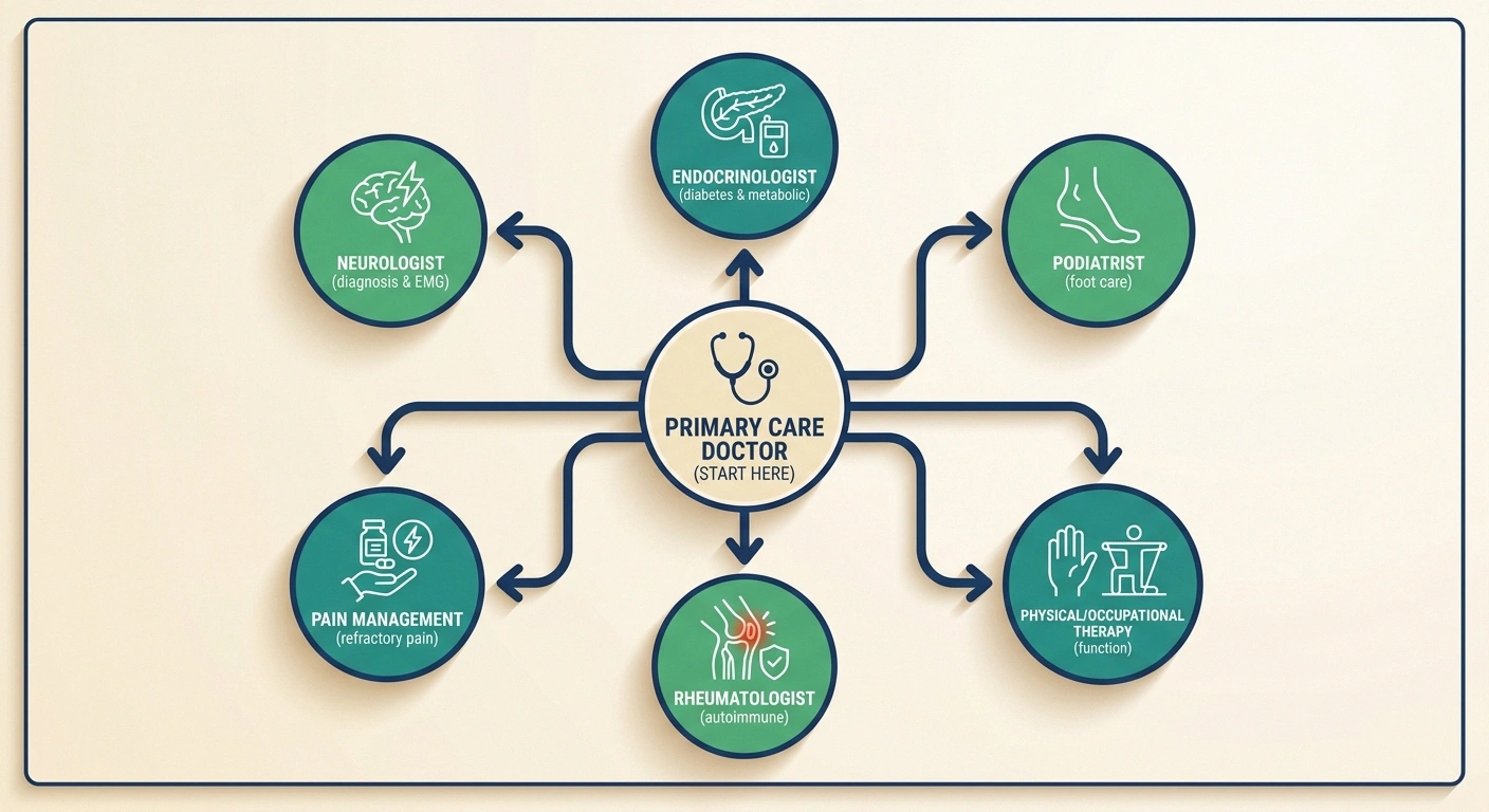 Neuropathy specialist decision tree showing routing from primary care to neurologist endocrinologist podiatrist