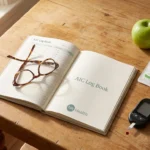 Kitchen table with an A1C log book, glucose meter, and CGM patch showing daily tools for tracking blood sugar and protecting nerves