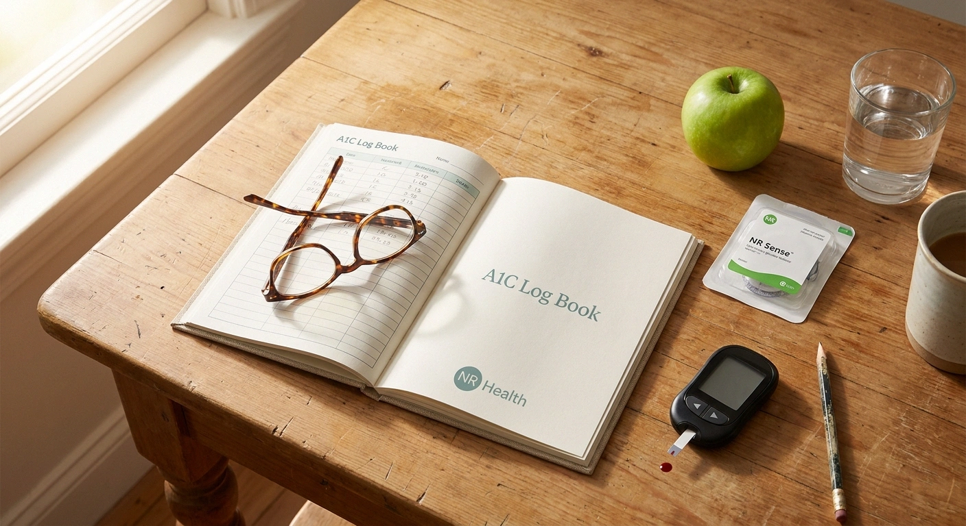 Kitchen table with an A1C log book, glucose meter, and CGM patch showing daily tools for tracking blood sugar and protecting nerves