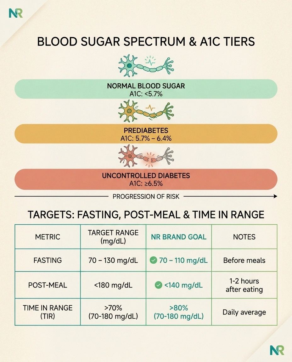 Visual infographic showing A1C tiers and their impact on nerve health, with daily fasting and post-meal blood sugar targets