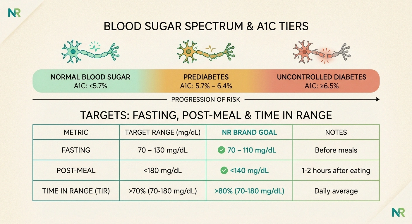 Visual infographic showing A1C tiers and their impact on nerve health, with daily fasting and post-meal blood sugar targets