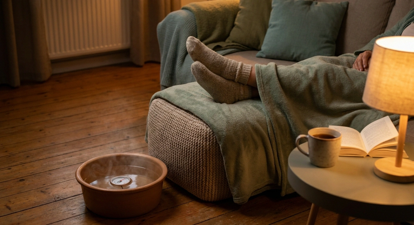 Post-concert recovery setup with feet elevated on an ottoman, a warm foot soak basin, tea, and a book in a cozy living room