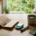 Warm editorial view of a kitchen table with a glucose meter, open notebook, and cup of tea in soft morning light.