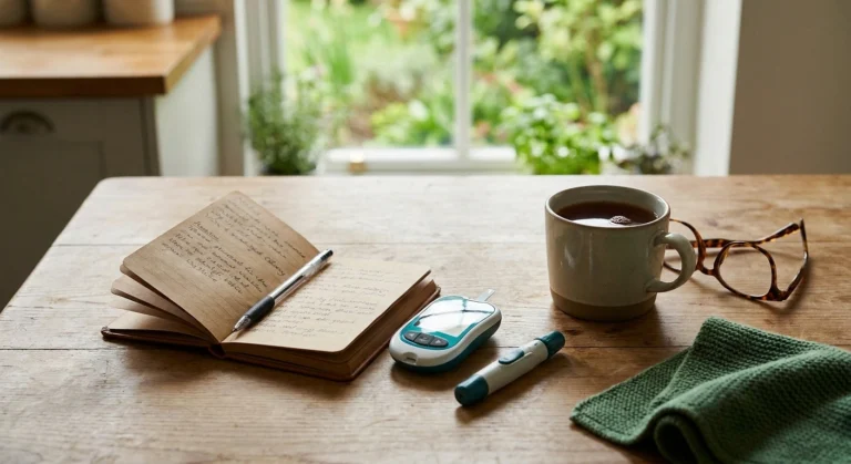Warm editorial view of a kitchen table with a glucose meter, open notebook, and cup of tea in soft morning light.