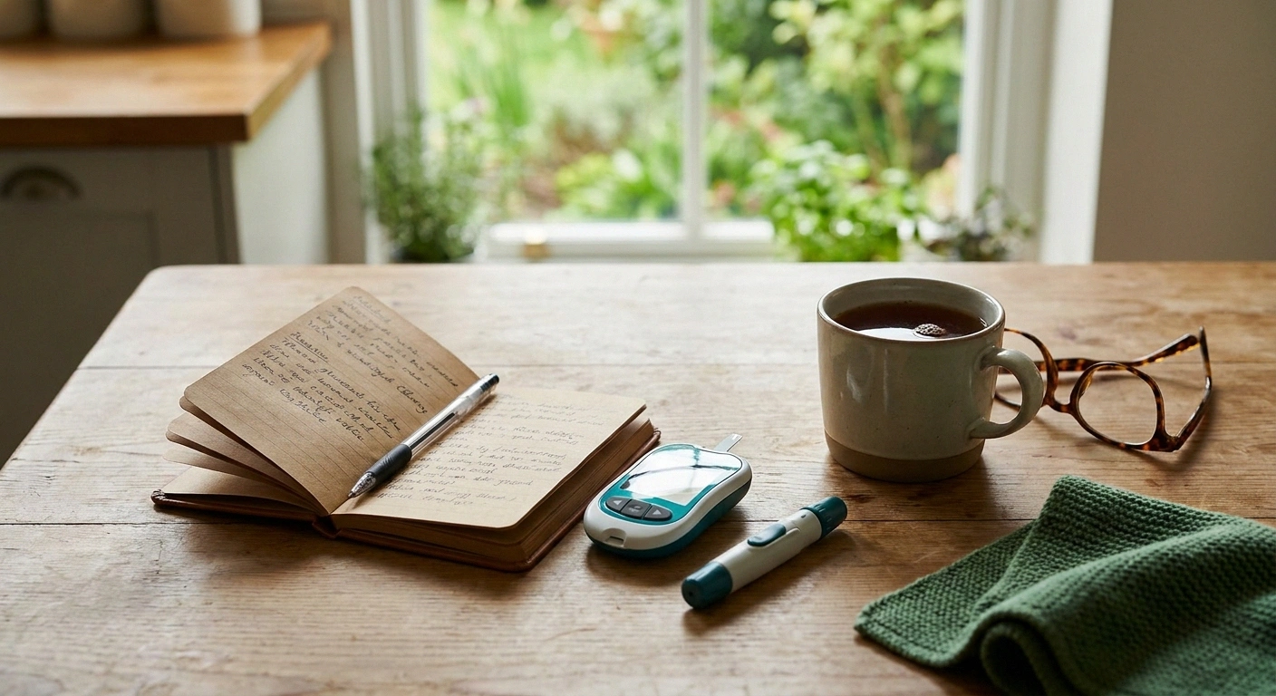 Warm editorial view of a kitchen table with a glucose meter, open notebook, and cup of tea in soft morning light.