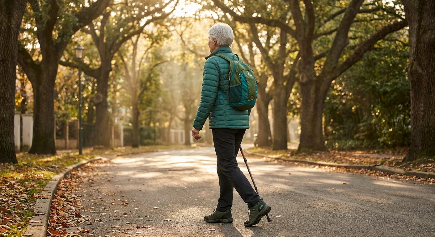 Older adult walking on a shaded neighborhood path in supportive shoes with tree-dappled afternoon light.
