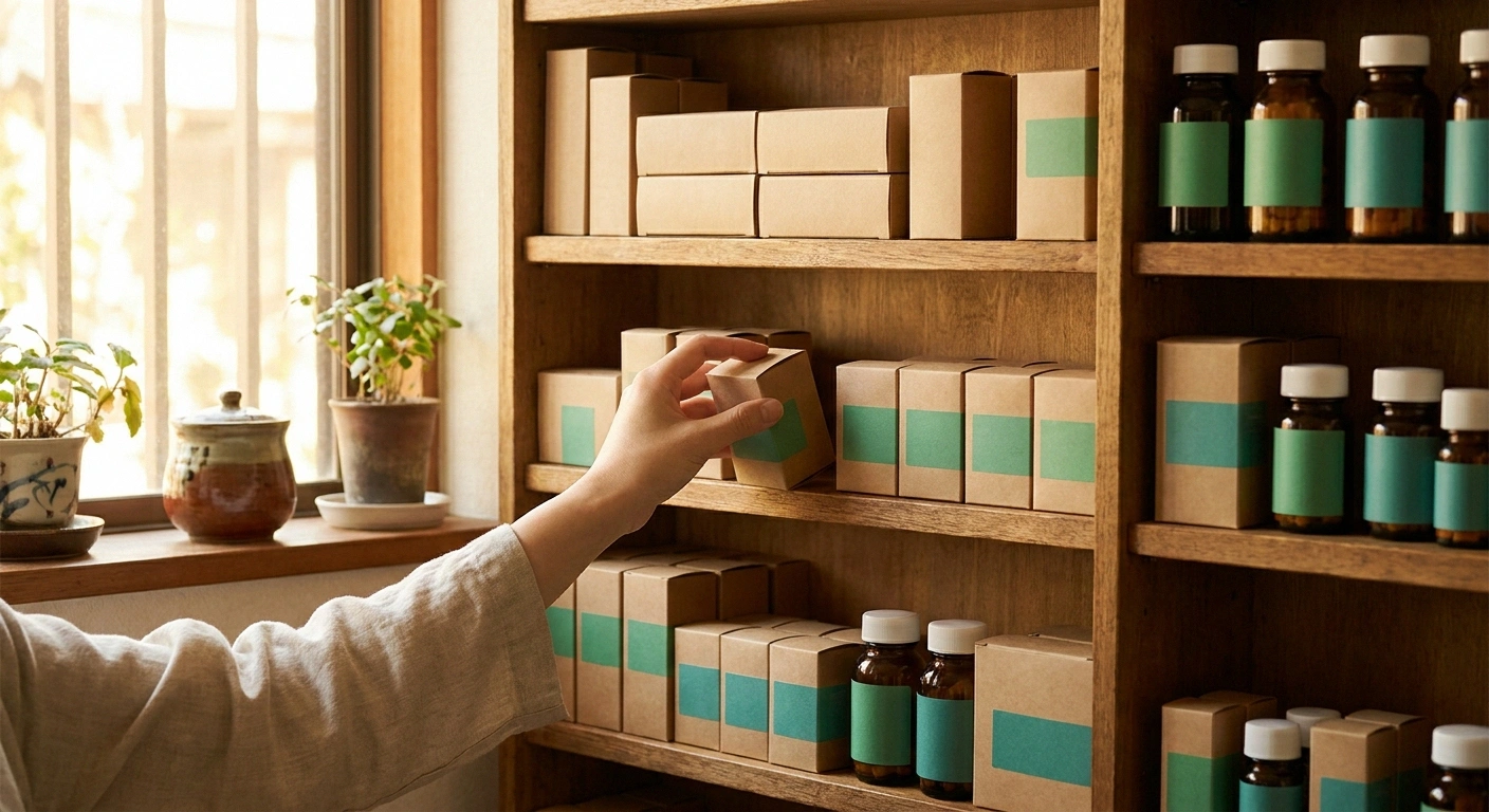 Warm editorial view of a Japanese neighborhood pharmacy shelf with a pharmacist's hand placing a generic medication box.